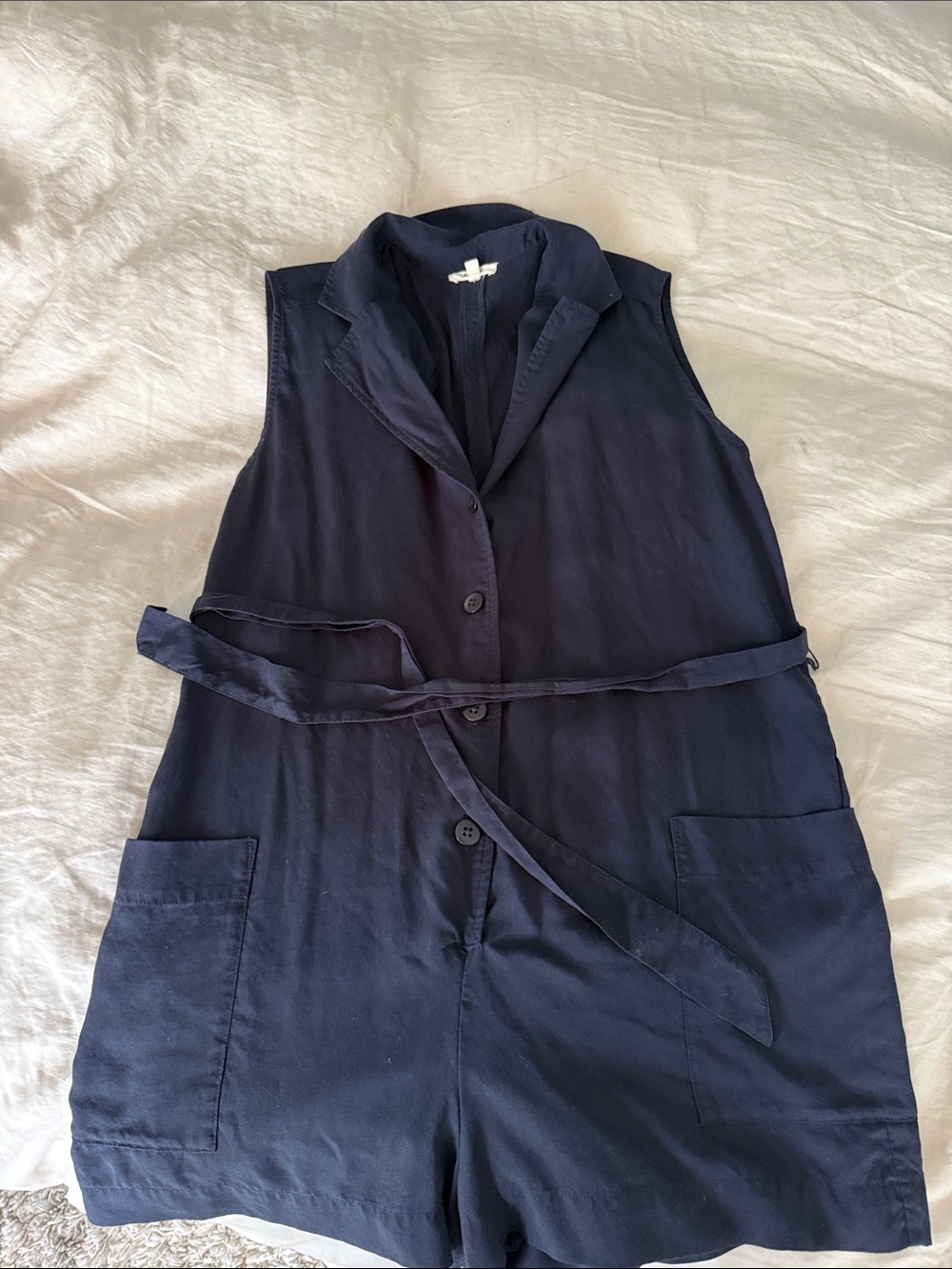 Splendid Navy Sleeveless Button-Front Mini Romper with Tie Belt